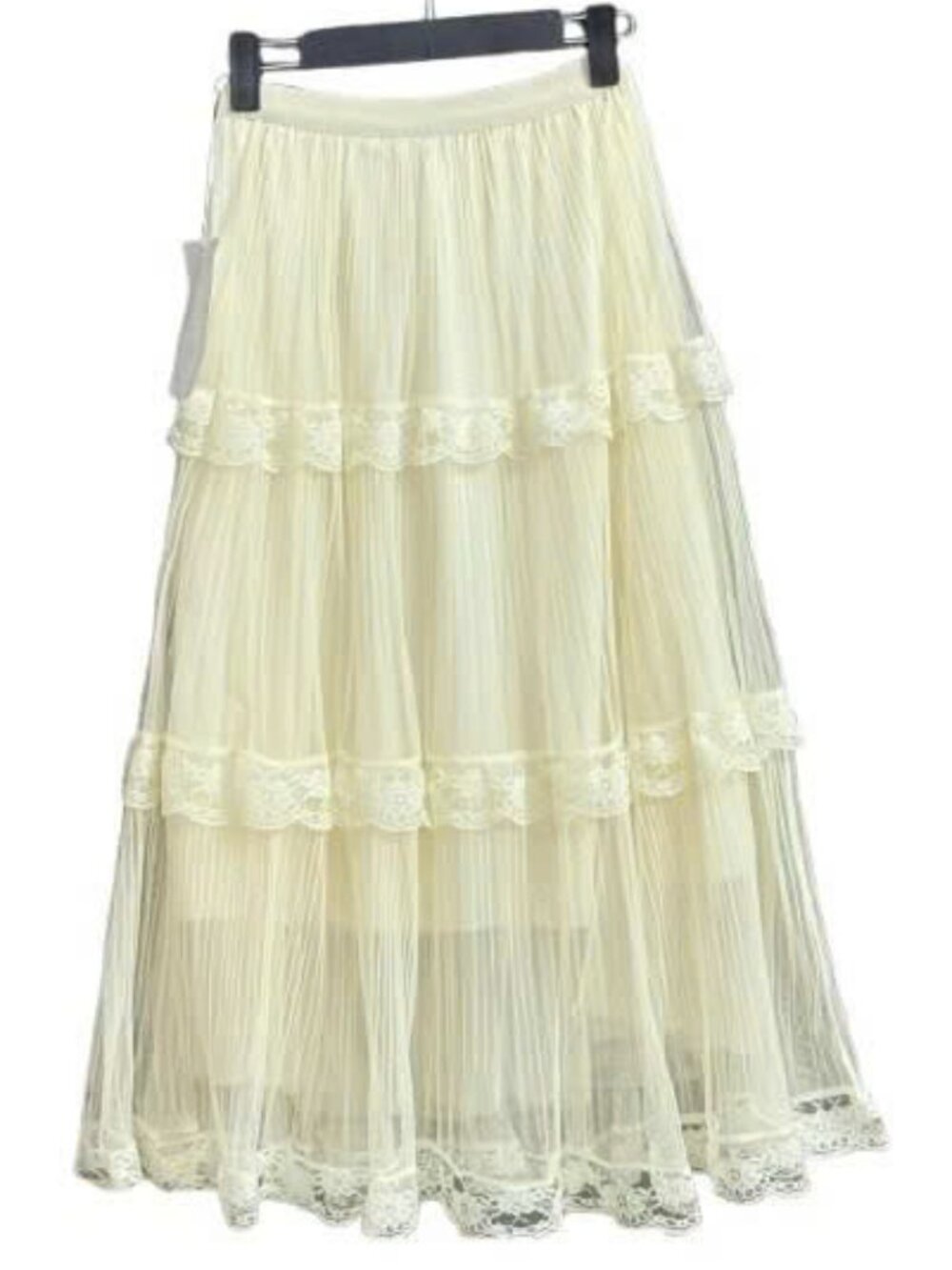 Romantic Cream Pleated Tiered Midi Skirt with Lace Trim
